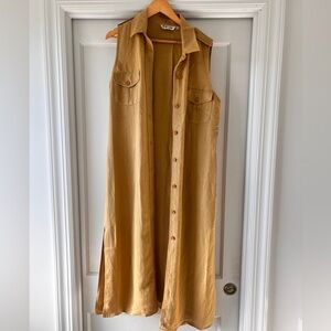 Sleeveless Button-Down linen blend  Midi Shirt Dress in Mustard/tan